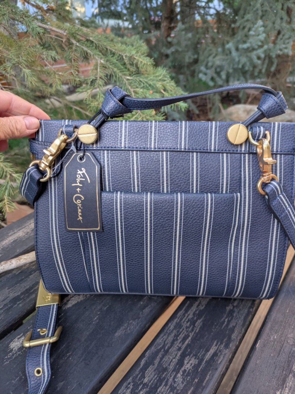 NWT Foley & Corinna Blue Color Striped Vegan Leather Dione Small Satchel Bag.